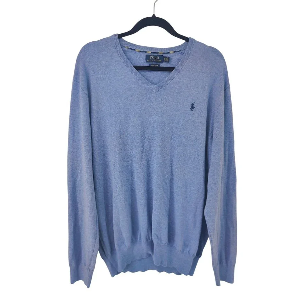 Polo Ralph Lauren Men's Blue V-Neck Sweater with Logo Size XL